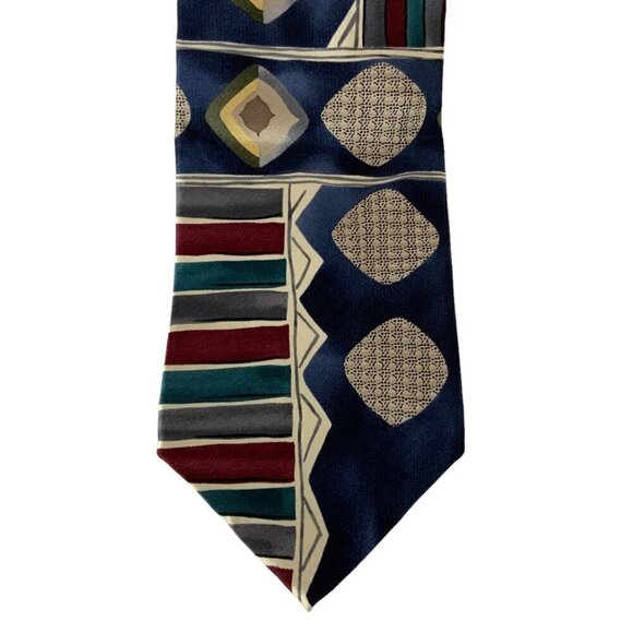 Oscar De La Renta Mens Necktie Blue Red Silk Geometric Pattern Career Church - Picture 2 of 4